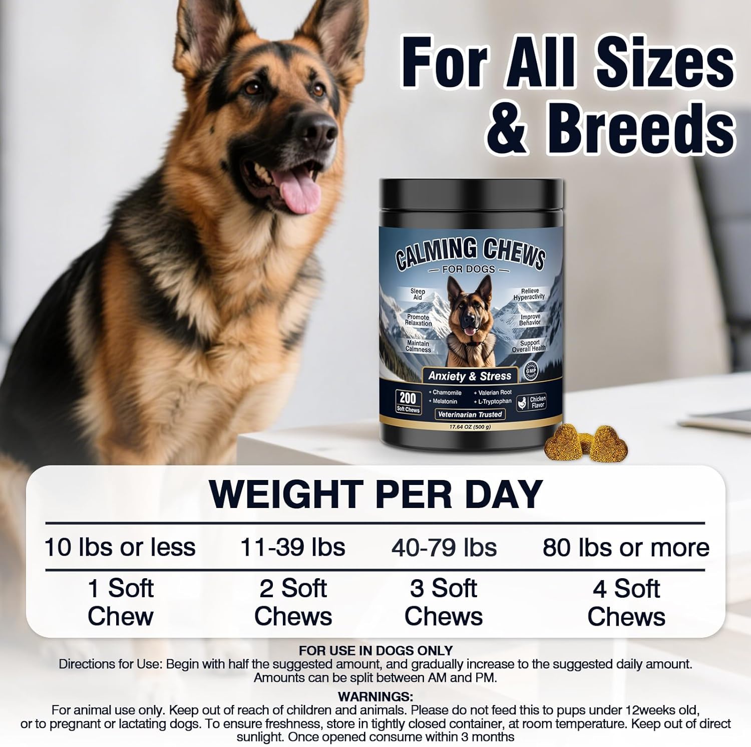 For all sizes and breeds, with weight-based dosing chart
